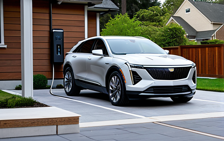 Cadillac LYRIQ at a Home Charging Station**

"A Cadillac LYRIQ parked in a modern driveway in front of a house with a wallbox charging station, fully clothed, safe for work, daytime scene, appropriate content, professional setting, well-lit, perfect anatomy, correct proportions, natural pose, high quality, modest environment, family-friendly scene, professional photography."

**