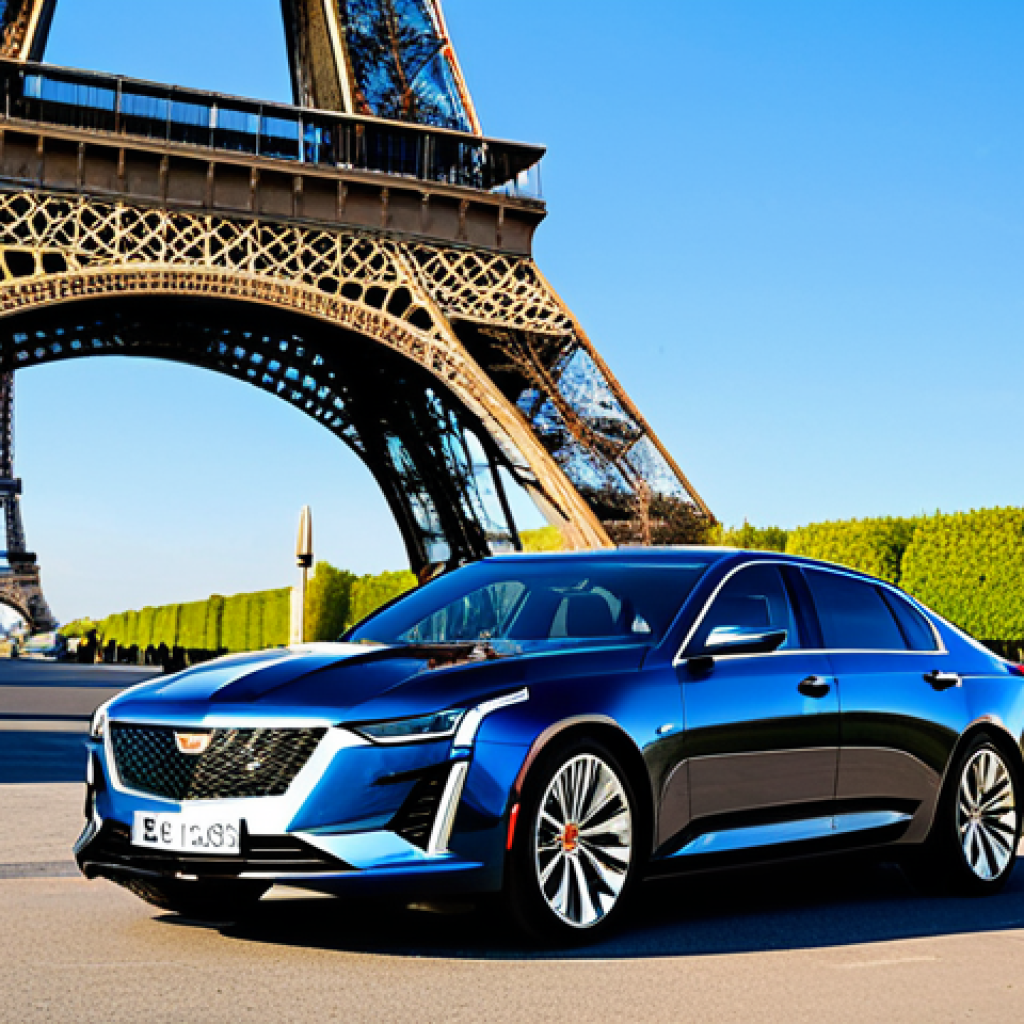 지엠 캐딜락 CT5의 고급 세단 시장 반응 - **Prompt:** "A sleek Cadillac CT5, fully clothed, parked in front of the Eiffel Tower in Paris, Fran...
