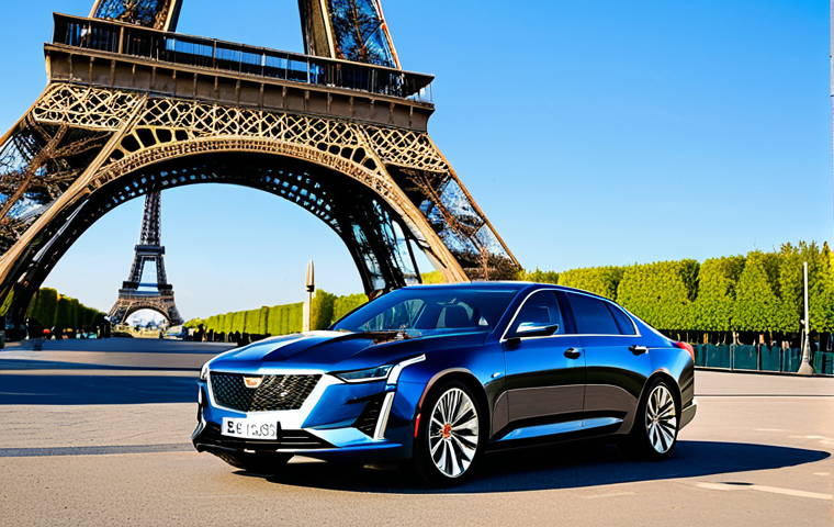 지엠 캐딜락 CT5의 고급 세단 시장 반응 - **Prompt:** "A sleek Cadillac CT5, fully clothed, parked in front of the Eiffel Tower in Paris, Fran...