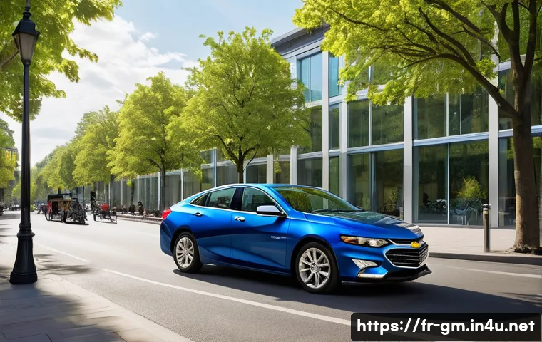 지엠 쉐보레 말리부 하이브리드 출시 소식 - **Prompt:** A sleek, modern Chevrolet Malibu Hybrid sedan, in a vibrant metallic blue, smoothly navi...