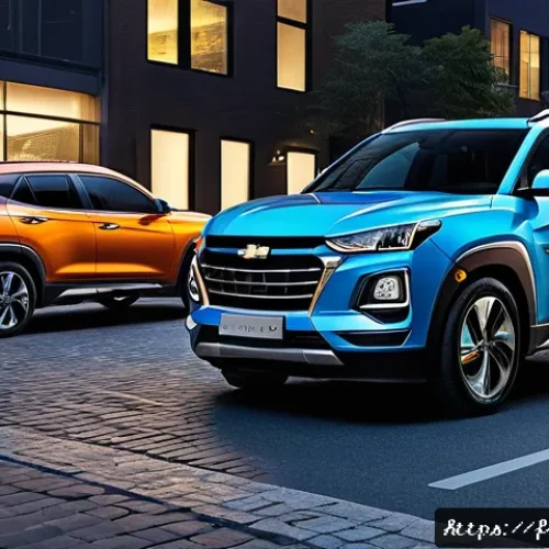 지엠 쉐보레 트레일블레이저와 현대 투싼 비교 - A dynamic side-by-side comparison of two modern compact SUVs parked on an urban street at dusk: on t...