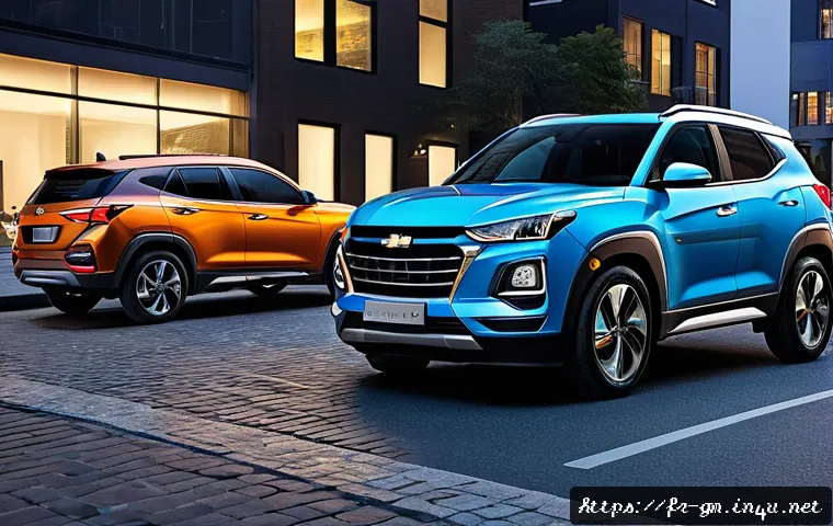 지엠 쉐보레 트레일블레이저와 현대 투싼 비교 - A dynamic side-by-side comparison of two modern compact SUVs parked on an urban street at dusk: on t...