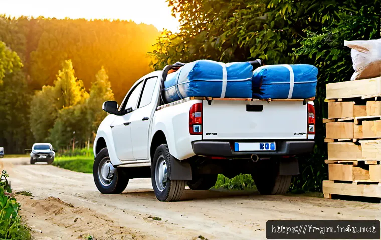 지엠 쉐보레 콜로라도 트럭의 적재 능력 - Photorealistic modern midsize pickup truck with no visible badges or logos, parked at a tidy French ...